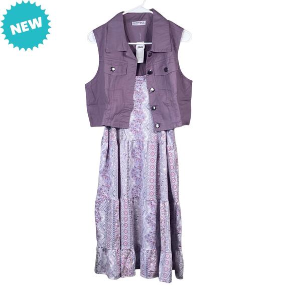 Knit Works 2-Pc Dress Set Girls Size XXL Plus Purple Tank Dress Floral w/Vest - Picture 1 of 8